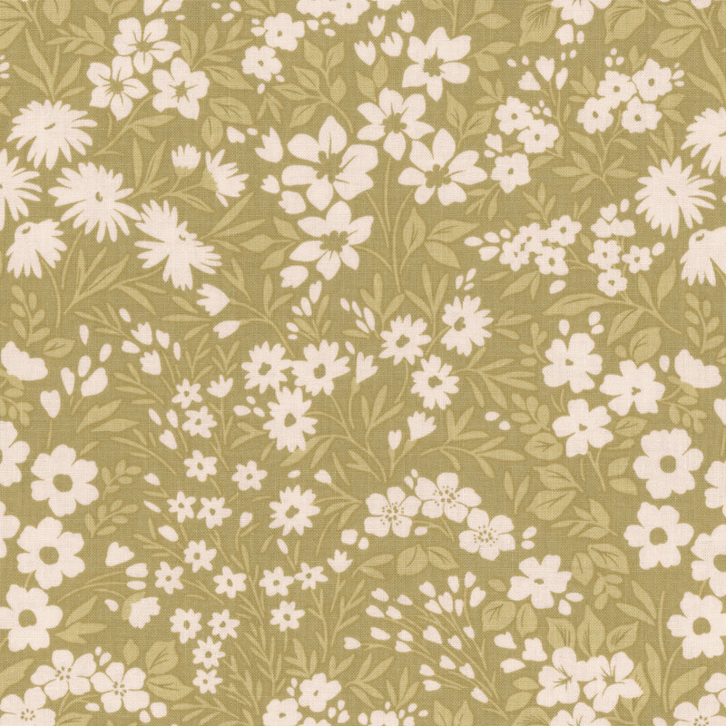 Seamless pattern of white flowers on a muted olive green background, with various floral shapes.