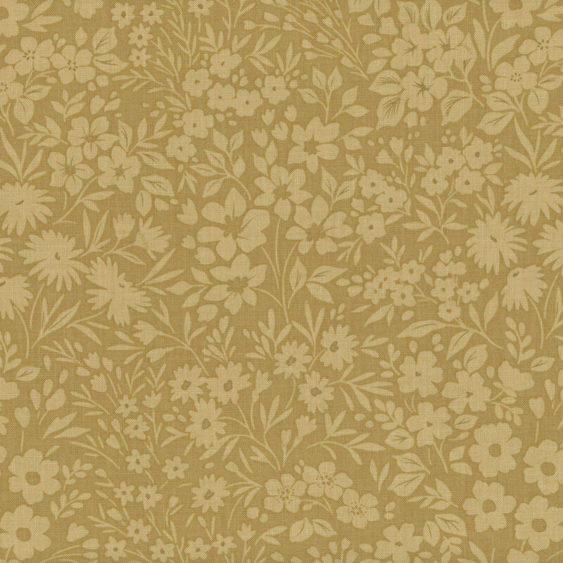 Green fabric with tonal florals and leafs. 