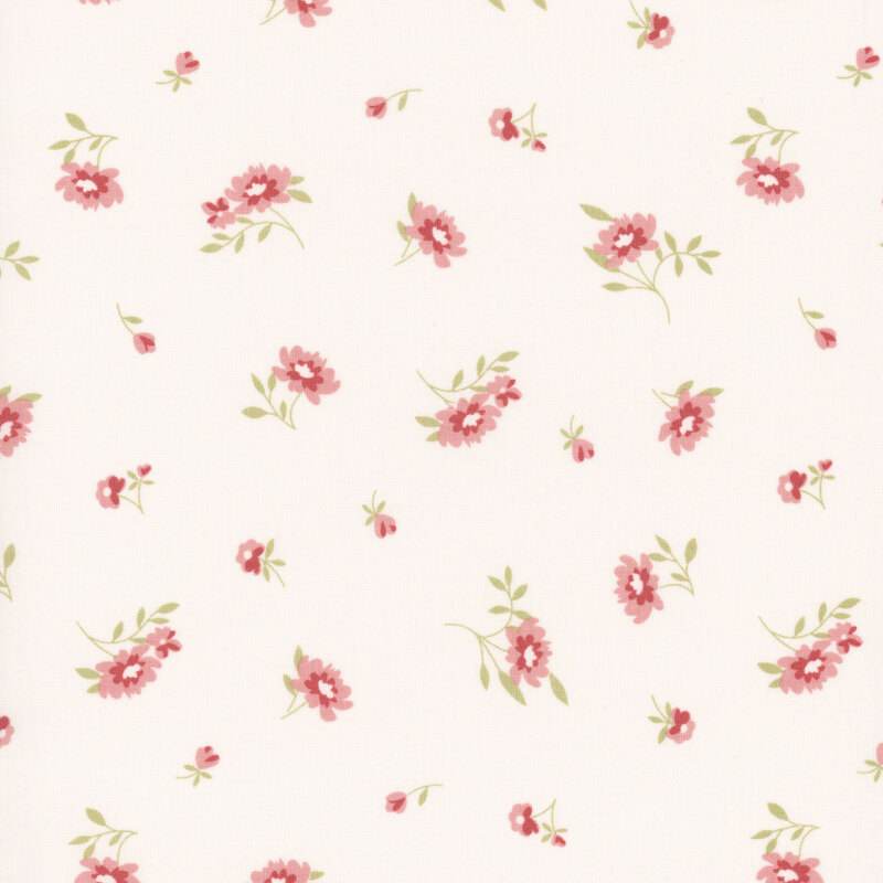 Light cream fabric with scattered pink flowers and green leaves.