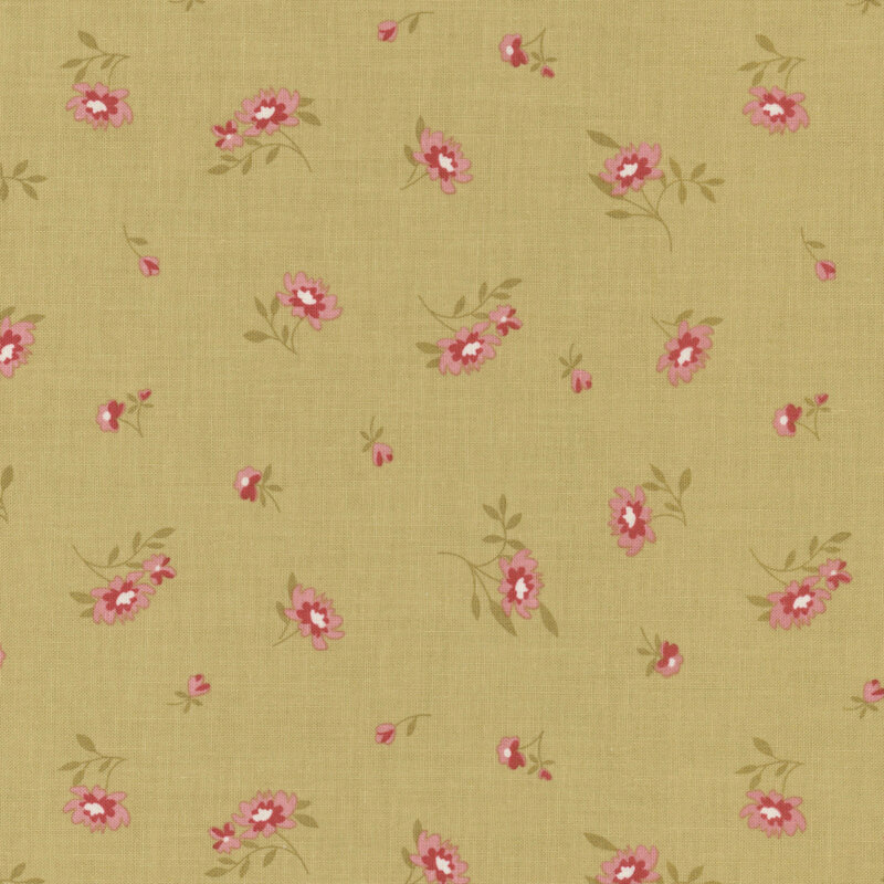 Pattern of pink flowers and green leaves on a light beige background.