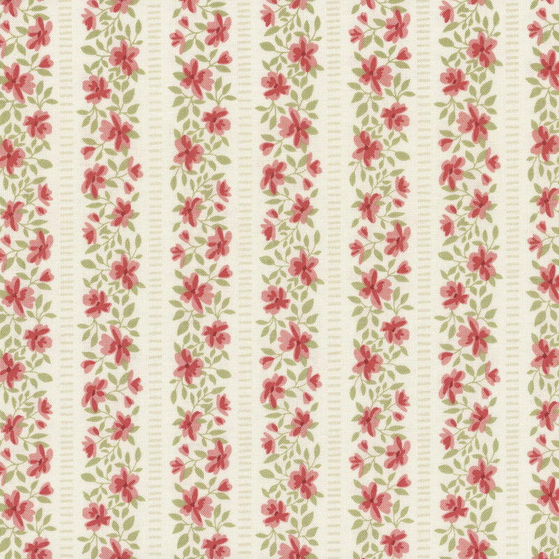 Repeating floral pattern featuring pink flowers and green leaves on a light background.