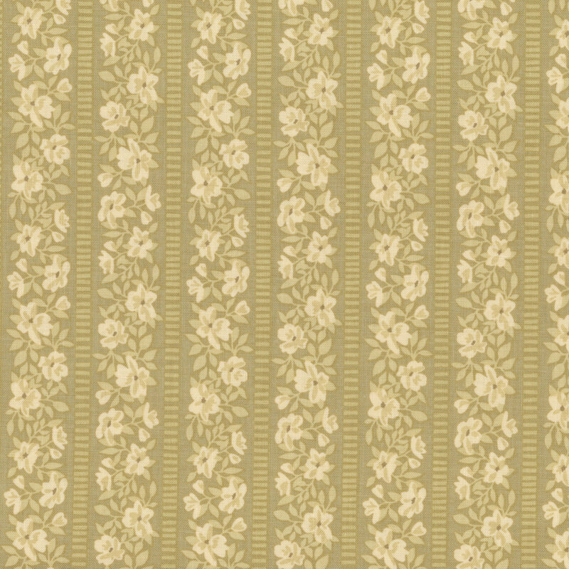 Floral pattern with cream-colored flowers on a muted green background, arranged in vertical stripes.