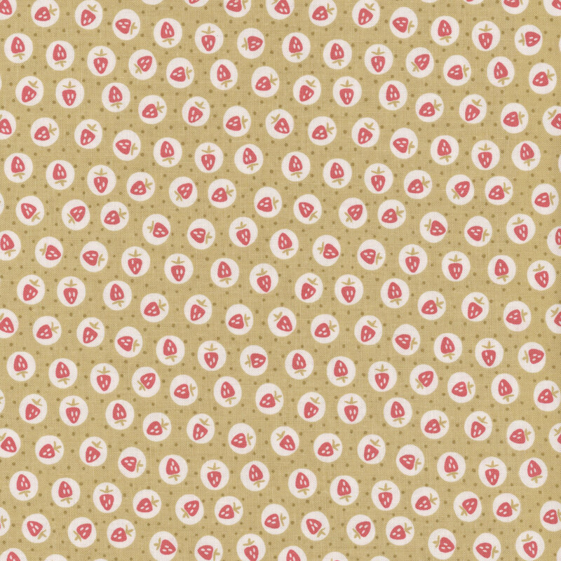 Pattern of strawberries surrounded by cream-colored circles on a tan background.