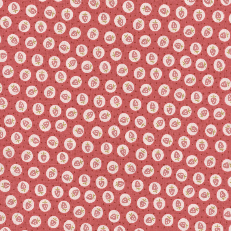 Repeating pattern with small illustrations of strawberries on a pink background.