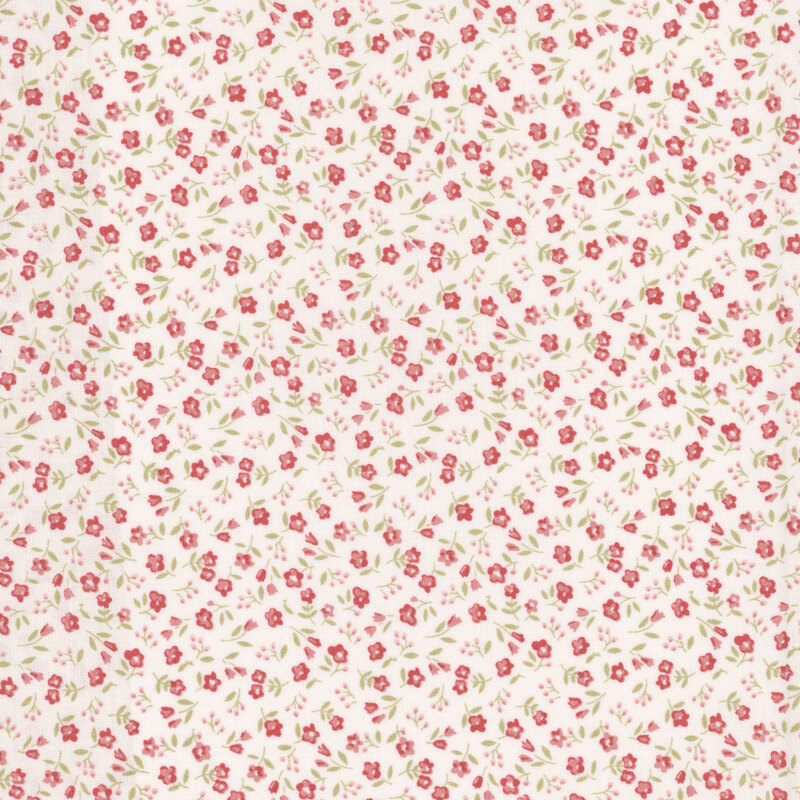 A seamless pattern of small pink flowers and green leaves on a light cream background.
