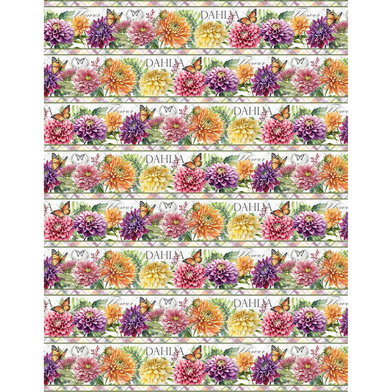 A multicolor border stripe fabric with rows of dahlia flowers and butterflies.