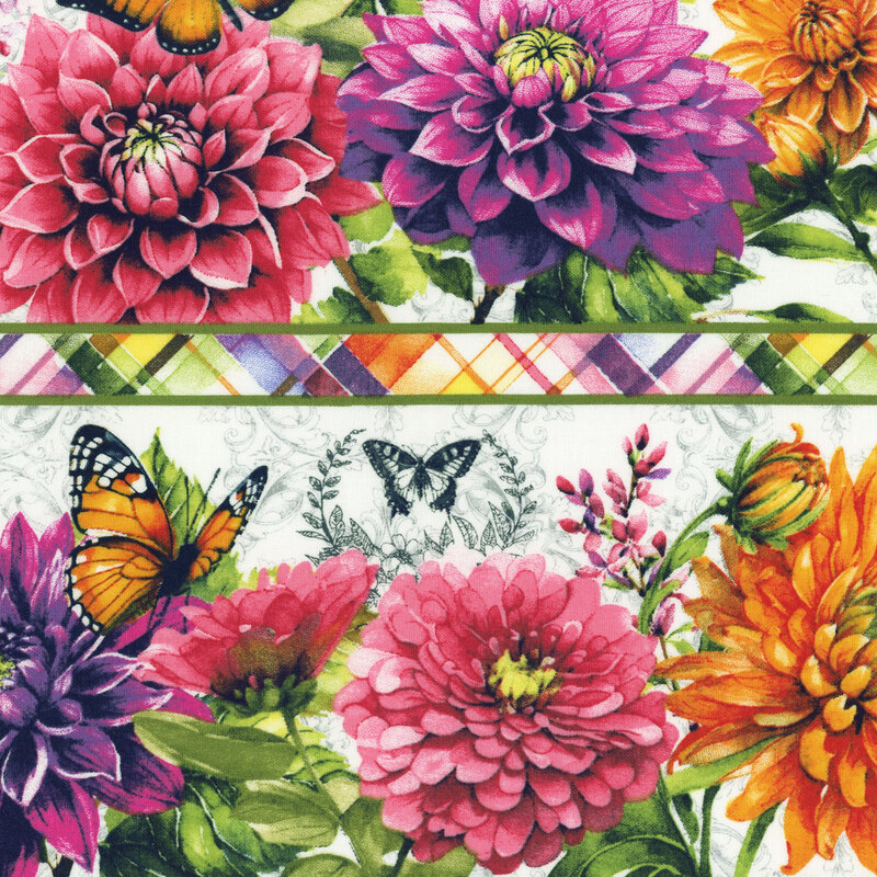 A decorative striped fabric design featuring colorful dahlias and butterflies against a soft background.