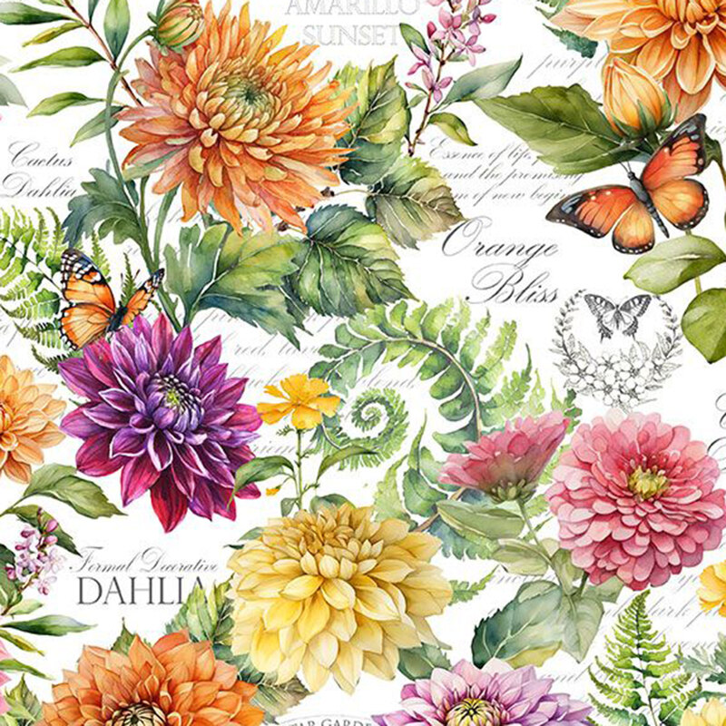 Crisp white fabric with colorful dahlias, butterflies, and curling ferns.