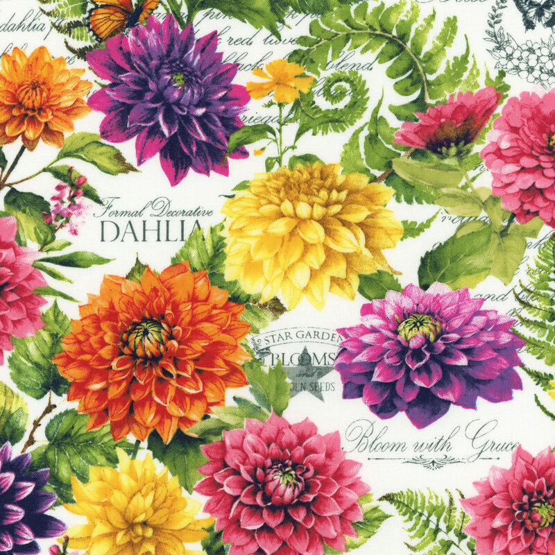 Crisp white fabric with colorful dahlias, butterflies, and curling ferns.