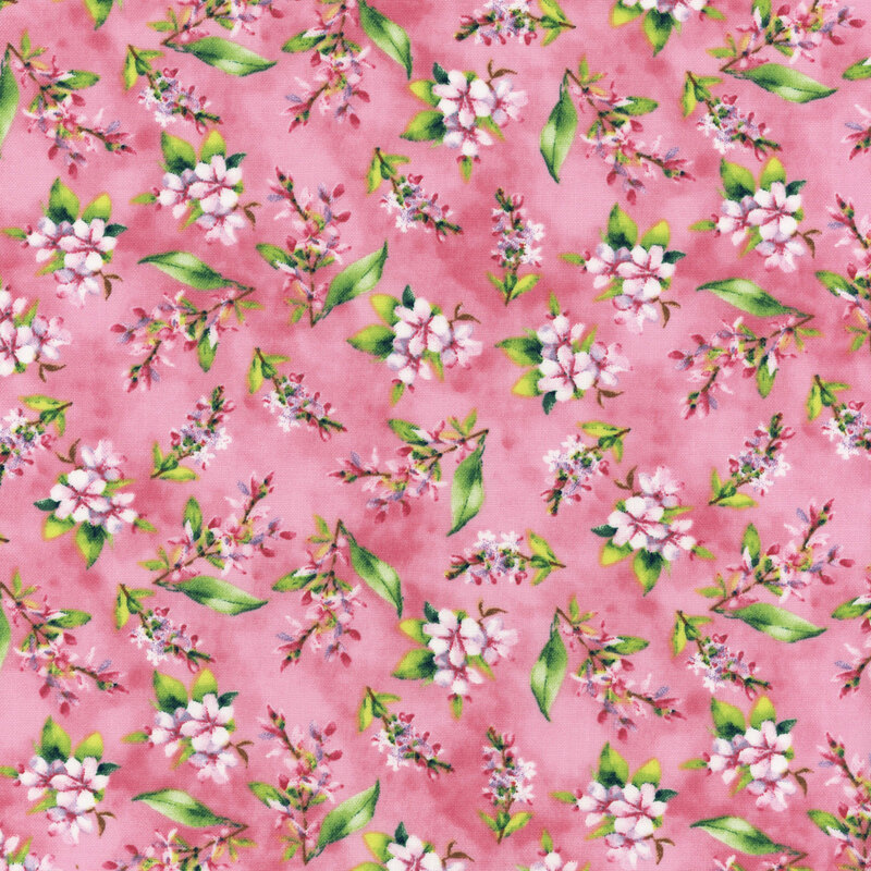 Tossed floral blooms and sprigs on a mottled pink background.