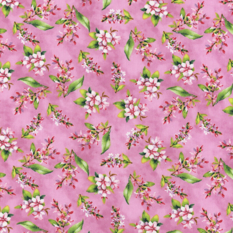 Tossed floral blooms and sprigs on a mottled lavender background.