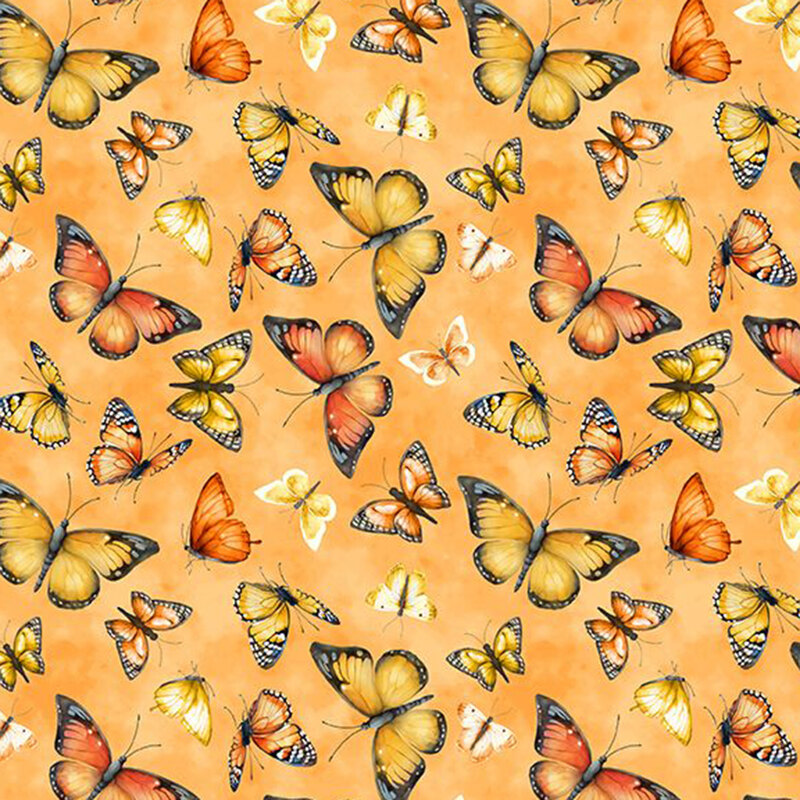 Orange fabric with fluttering yellow and orange butterflies.