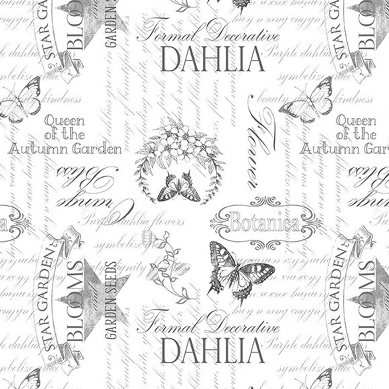 White fabric with gray perpendicular blocks of texts amongst butterflies.