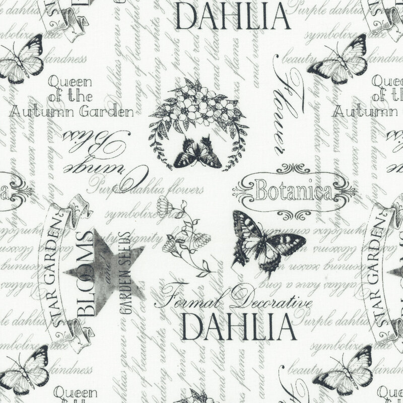 White fabric with gray perpendicular blocks of texts amongst butterflies.