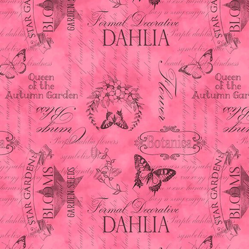 Pink fabric with dark perpendicular blocks of texts amongst butterflies.