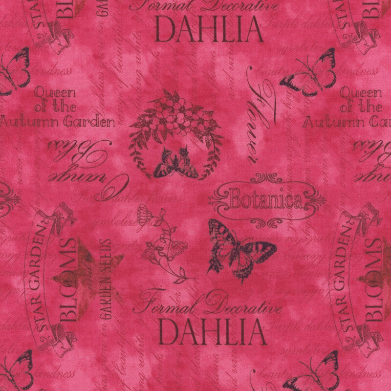 Hot pink fabric with dark perpendicular blocks of texts amongst butterflies.