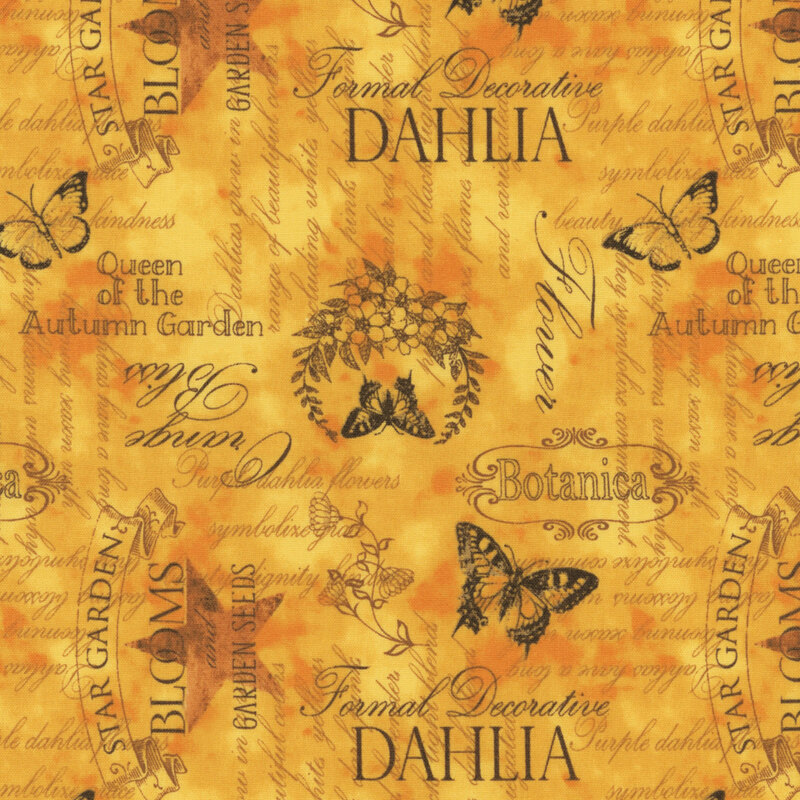 Orange fabric with dark perpendicular blocks of texts amongst butterflies.