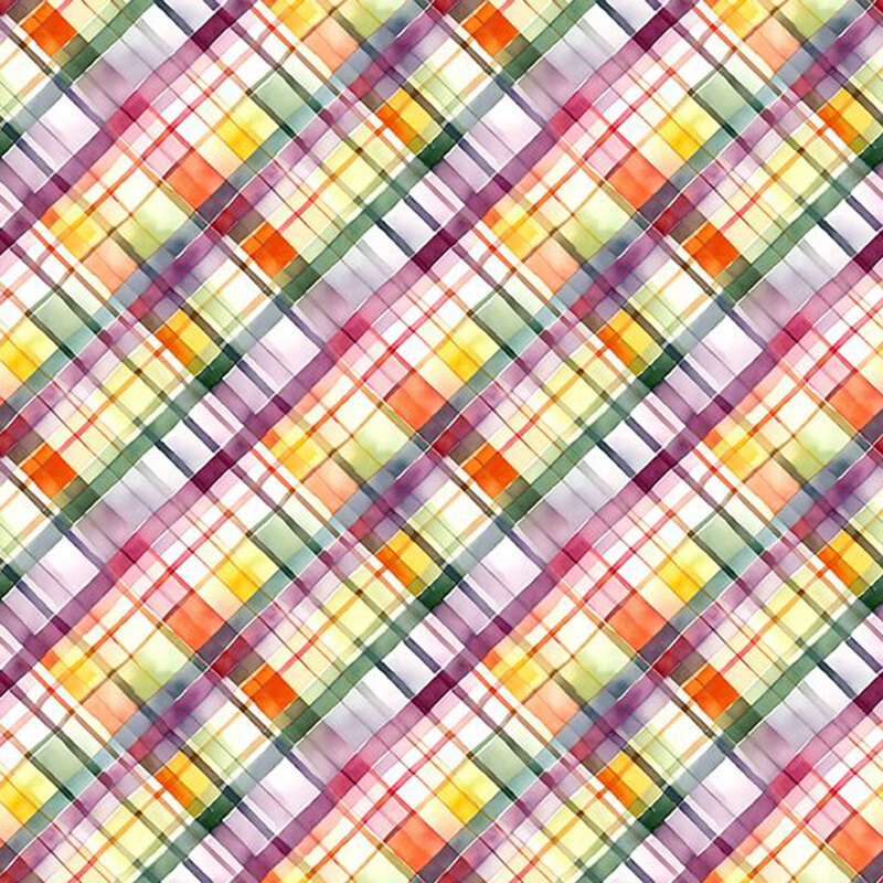 Multicolored, overlapping diagonal plaid.