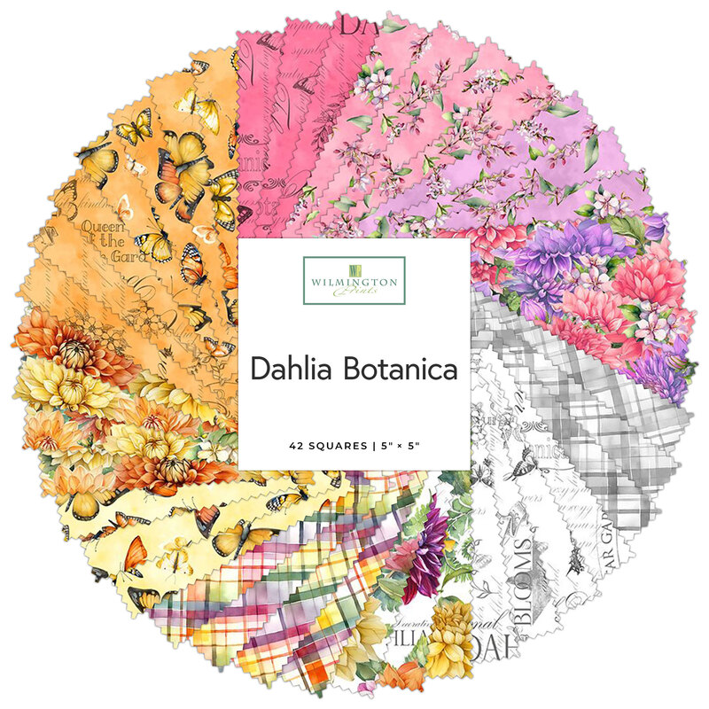 A spiral collage of summer fabrics included in the Dahlia Botanica 5 Karat Crystals.