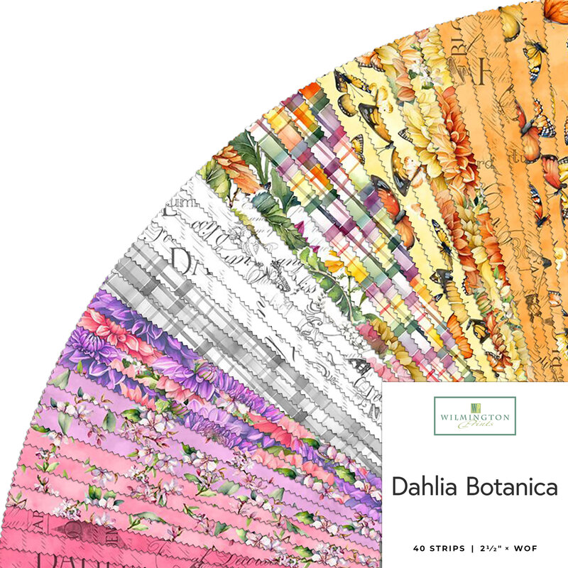 A fanned collage of summer fabrics included in the Dahlia Botanica 40 Karat Crystals.