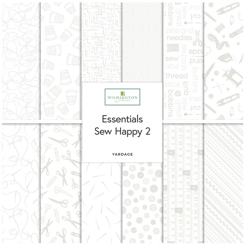 A stacked collage of white-on-white fabrics with sewing motifs included in the Essentials Sew Happy 2 fabric collection.