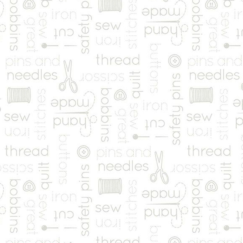 Digital scan of a white-on-white fabric with perpendicular blocks of sewing-themed text, scissors, spools of thread, pins, and buttons.