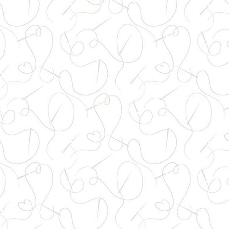 Digital scan of a white-on-white fabric with looping lines of thread with sewing needles.