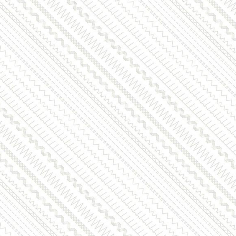 Digital scan of a white-on-white fabric with diagonal stripes of various stitches.