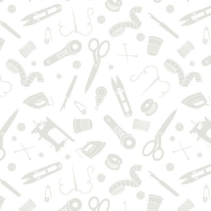 Digital scan of a white-on-white fabric with tossed sewing motifs like shears, pins, thread, measuring tape, and more.