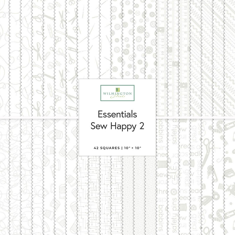 A stacked collage of white-on-white fabrics with sewing motifs included in the Essentials Sew Happy 2 10 Karat Gems.