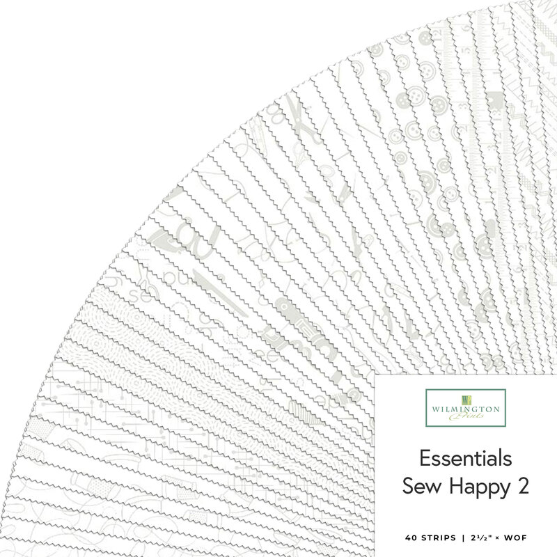 A fanned collage of white-on-white fabrics with sewing motifs included in the Essentials Sew Happy 2 40 Karat Gems.