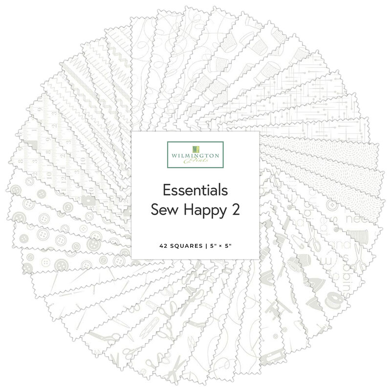 A spiral collage of white-on-white fabrics with sewing motifs included in the Essentials Sew Happy 2 5 Karat Gems.