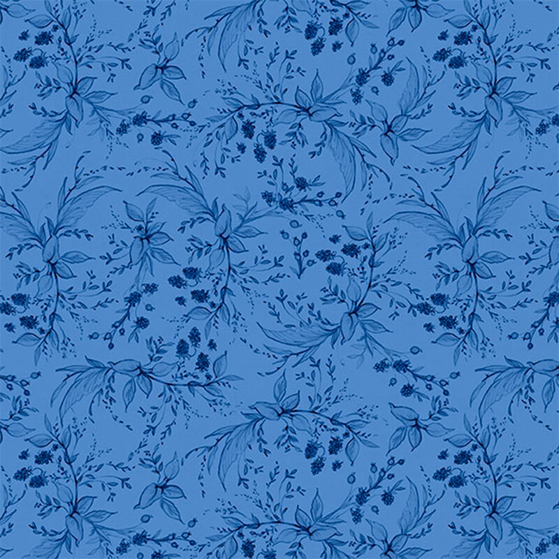 Blue floral pattern on a blue background, featuring various flowers and delicate leaves.