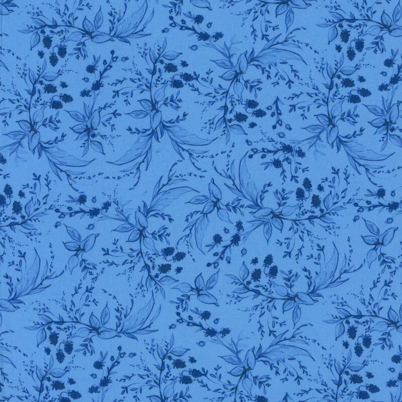 Blue leaf and berry pattern on a blue background.