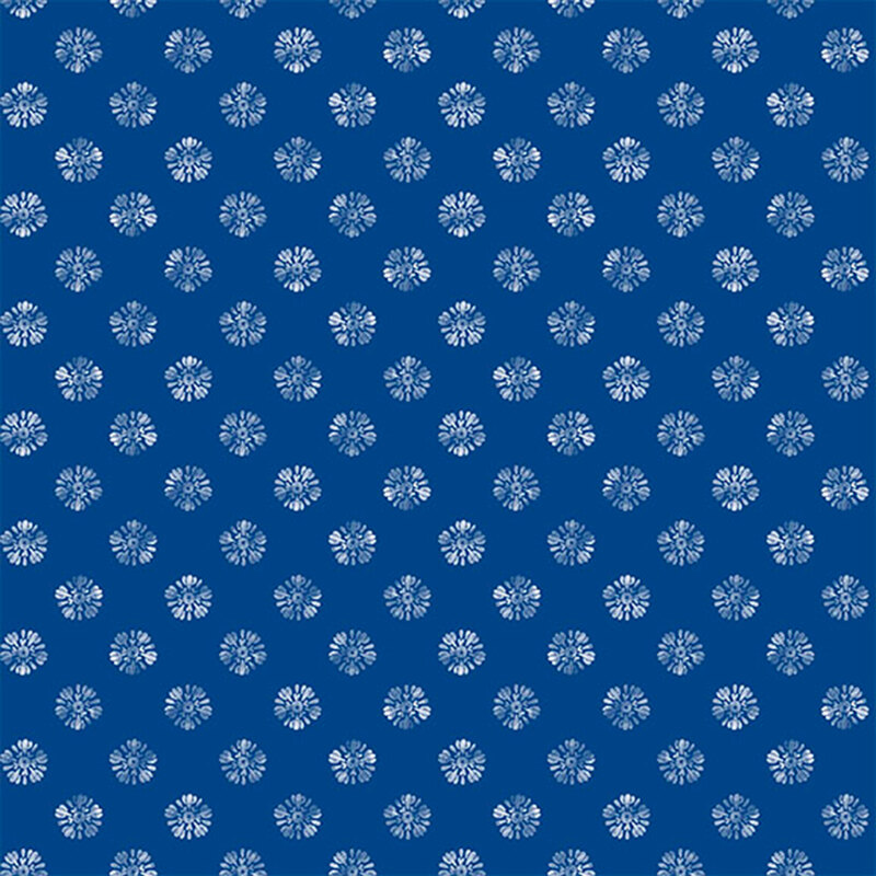 Dark blue background with a repeated pattern of small white floral shapes.