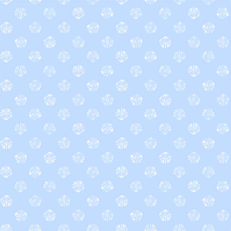 Light blue background with a repeated pattern of small white floral shapes.