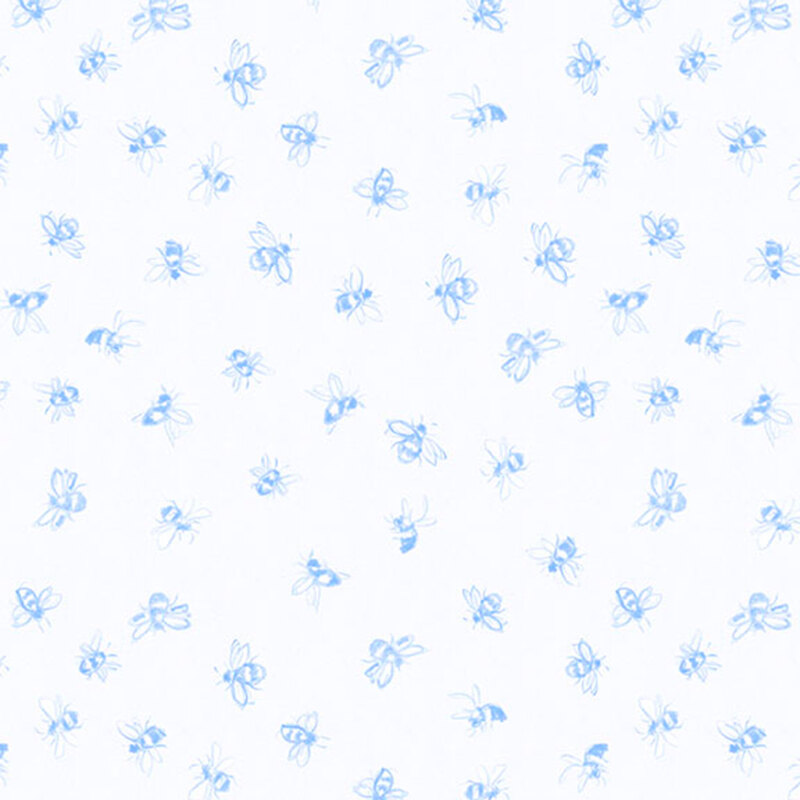 Light blue bee motifs scattered across a white background.