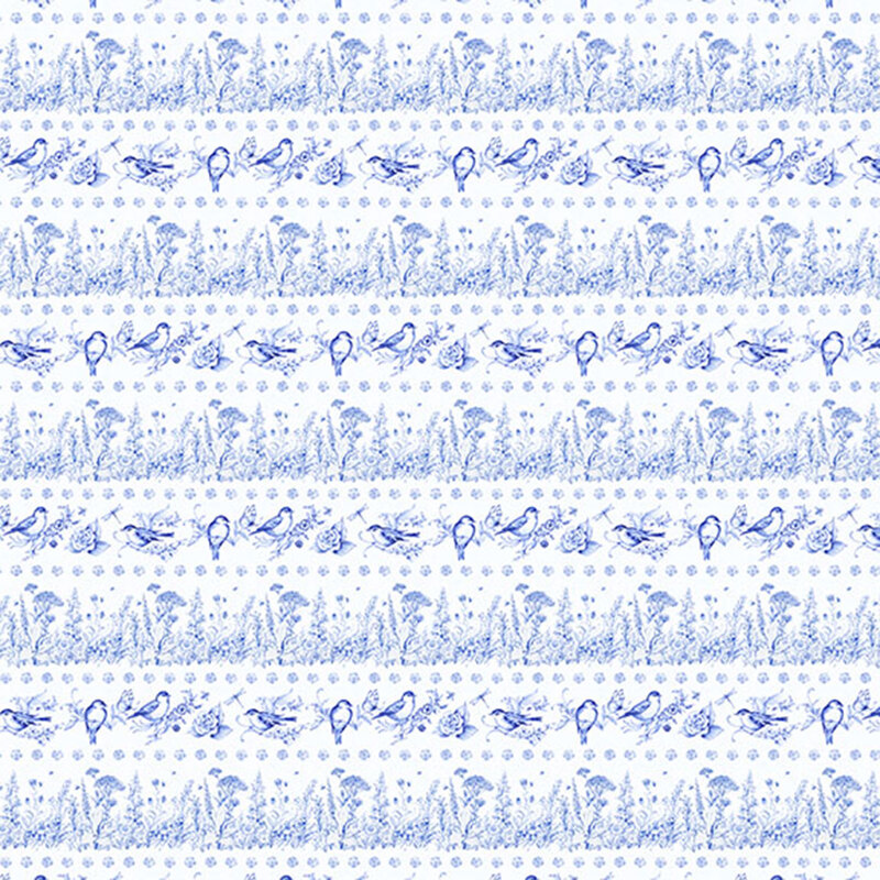 White fabric featuring alternating rows of birds and flowers