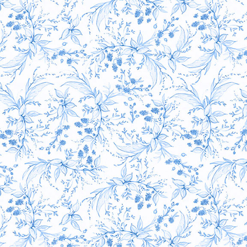 Blue floral pattern on a white background, featuring various flowers and delicate leaves.