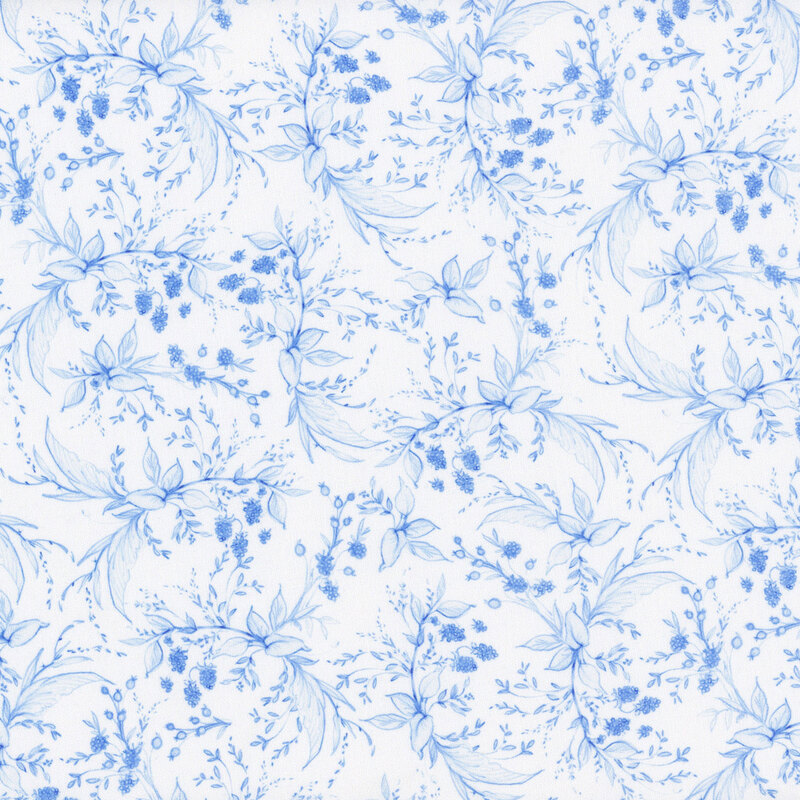 Blue berry and leaf pattern on a white background.