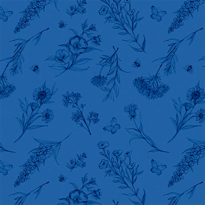Dark blue fabric with intricate sketches of various flowers, sprigs, bees, and butterflies scattered throughout.