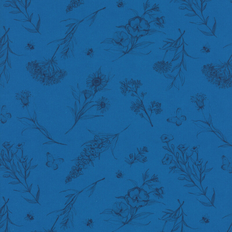 Dark blue fabric with intricate sketches of various flowers, sprigs, bees, and butterflies scattered throughout.
