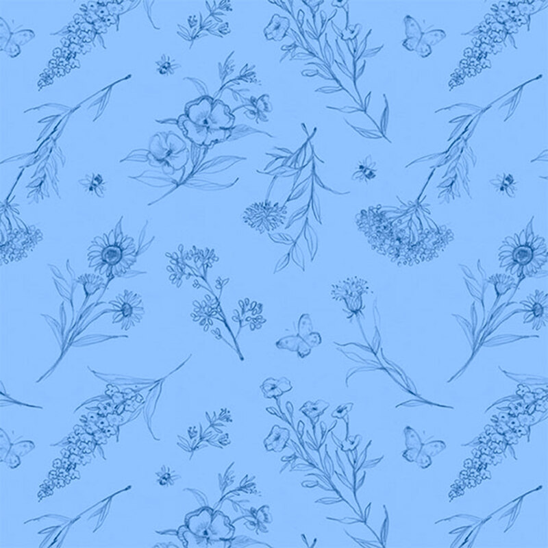 Blue fabric with intricate sketches of various flowers, sprigs, bees, and butterflies scattered throughout.