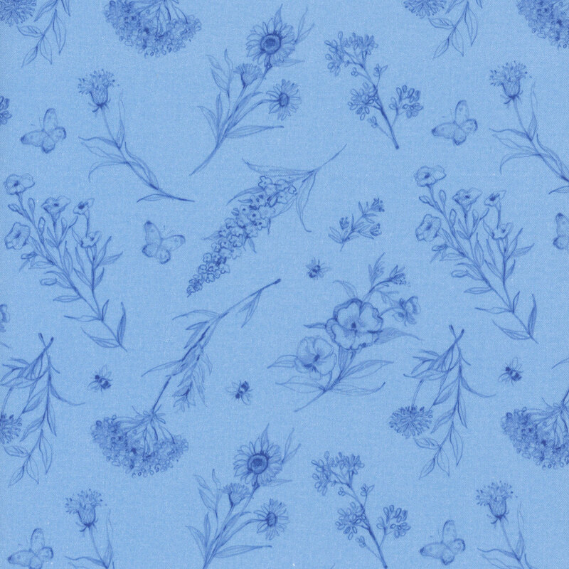 Blue fabric with intricate sketches of various flowers, sprigs, bees, and butterflies scattered throughout.
