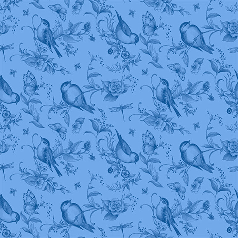 Blue floral pattern featuring birds, butterflies, and dragonflies