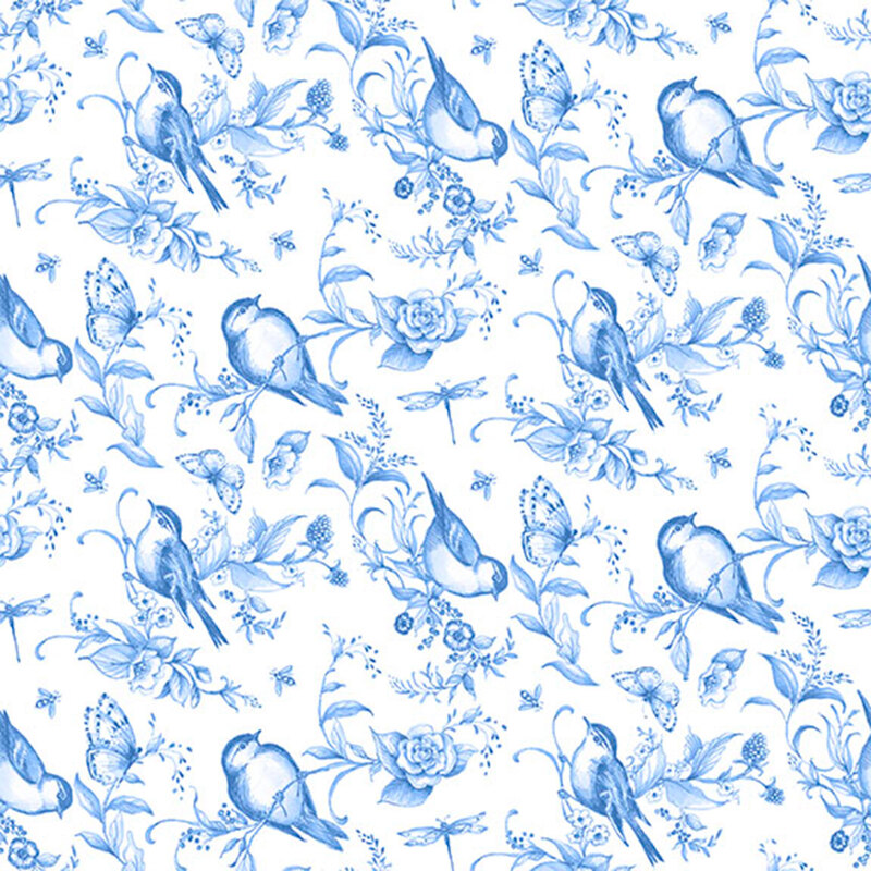 Blue floral pattern featuring birds, butterflies, and dragonflies on a white background.