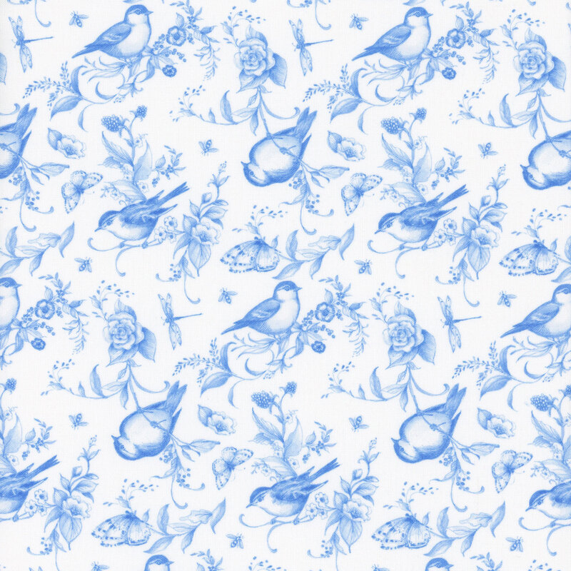 Blue floral pattern featuring birds, butterflies, and dragonflies on a white background.