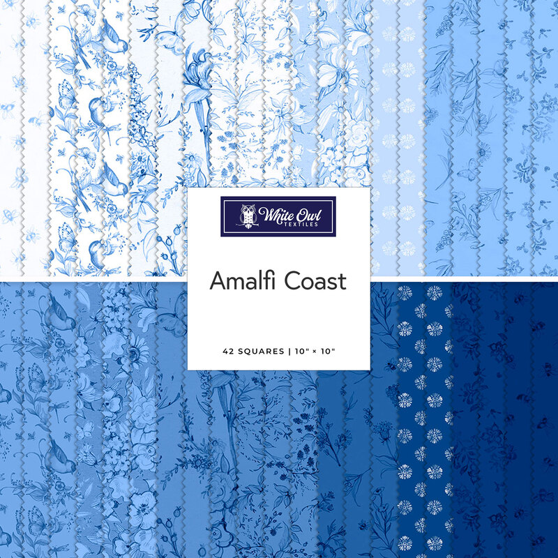 Collage of fabrics in the Amalfi Coast Layer Cake featuring floral prints in white and shades of blue