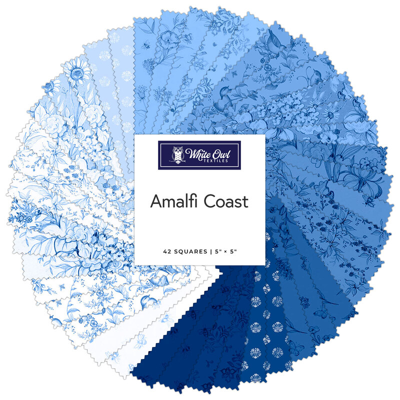 Collage of fabrics in the Amalfi Coast Charm pack featuring floral prints in white and shades of blue