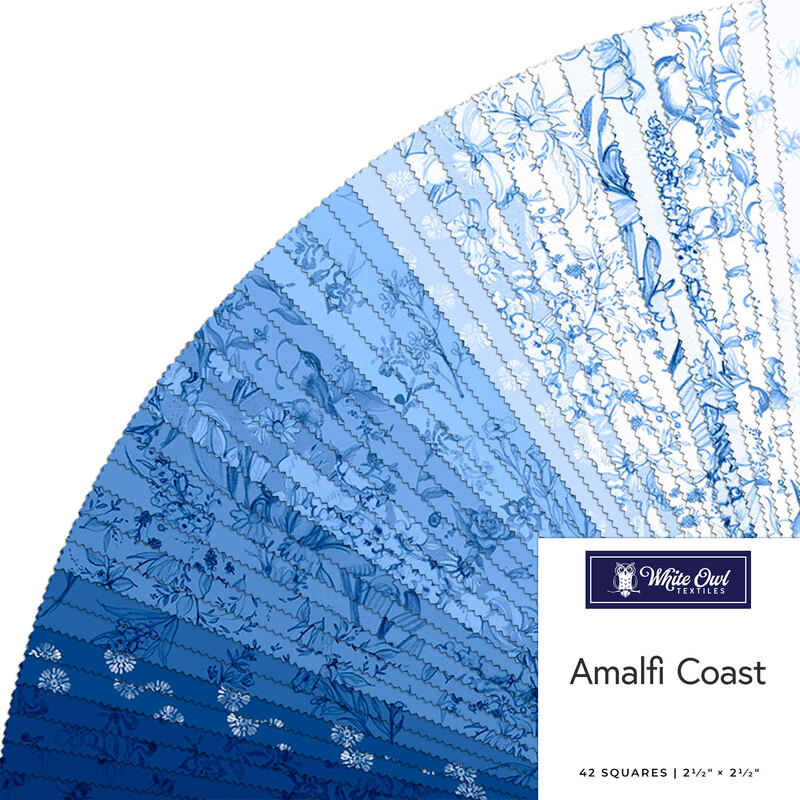 Collage of fabrics in the Amalfi Coast Jelly Roll featuring floral prints in white and shades of blue